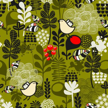 Kuşlar ve çiçekler pürüzsüz desen.