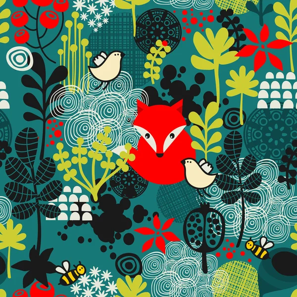 鳥、狐、花のシームレスなパターン. ロイヤリティフリーストックベクター