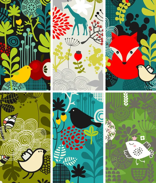 Set of vertical cards with birds and animals. — Stock Vector