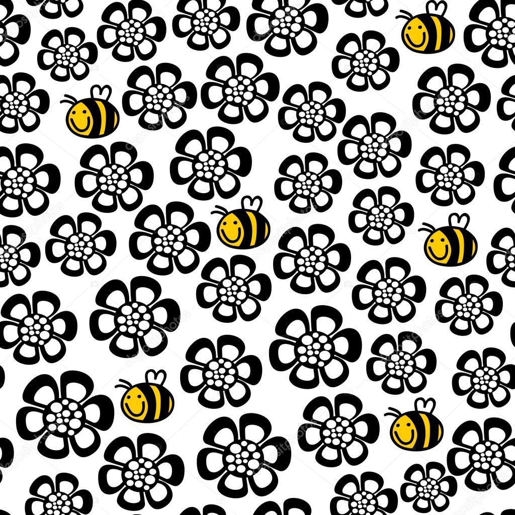 Seamless floral pattern with cartoon bee.
