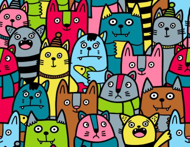 Renkli komik kediler ve kediciklerle kusursuz desen.