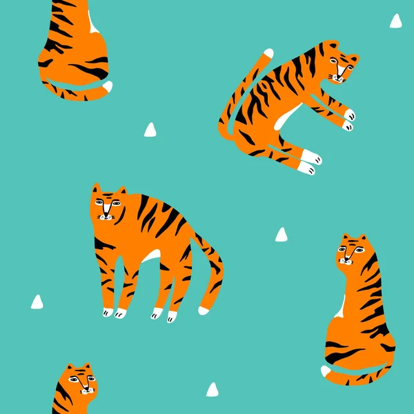 Seamless pattern with cute hand drawn tigers on blue retro background. — Stock Vector