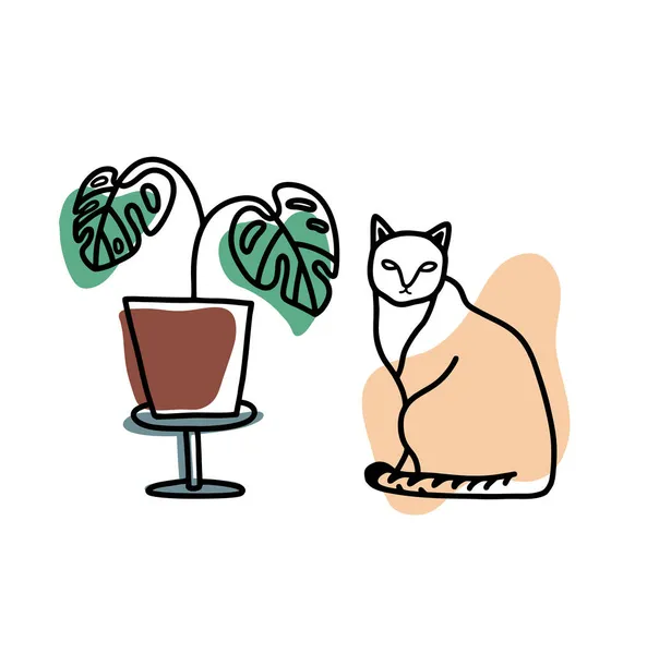 Cat and monstera plant line art vector illustration. — Stock Vector
