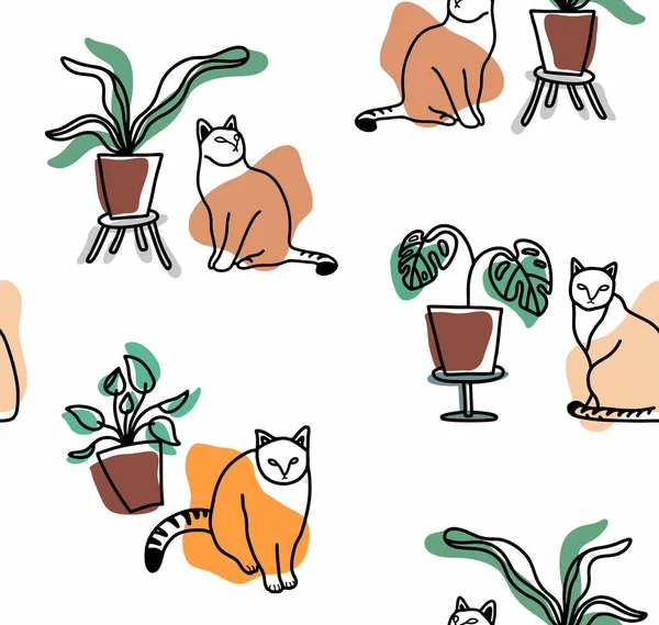 Modèle sans couture de chat et de fleurs line art. — Image vectorielle