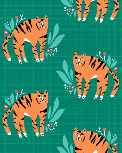Seamless cartoon tiger pattern in retro style. — Stock Vector