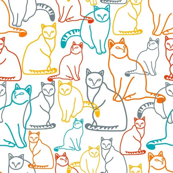 Line Art bunte Katzen nahtlose Muster. Vektorkunst. — Stockvektor