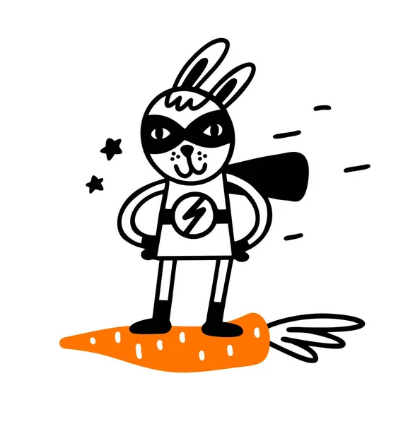 Супер герой кролика в масці, що стоїть на червоній моркві . — стоковий вектор