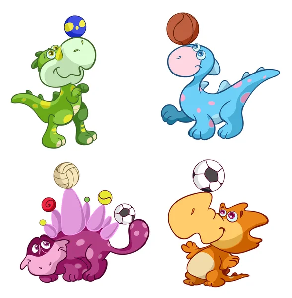 Cute sport baby dinos playing with a ball — Stock Vector