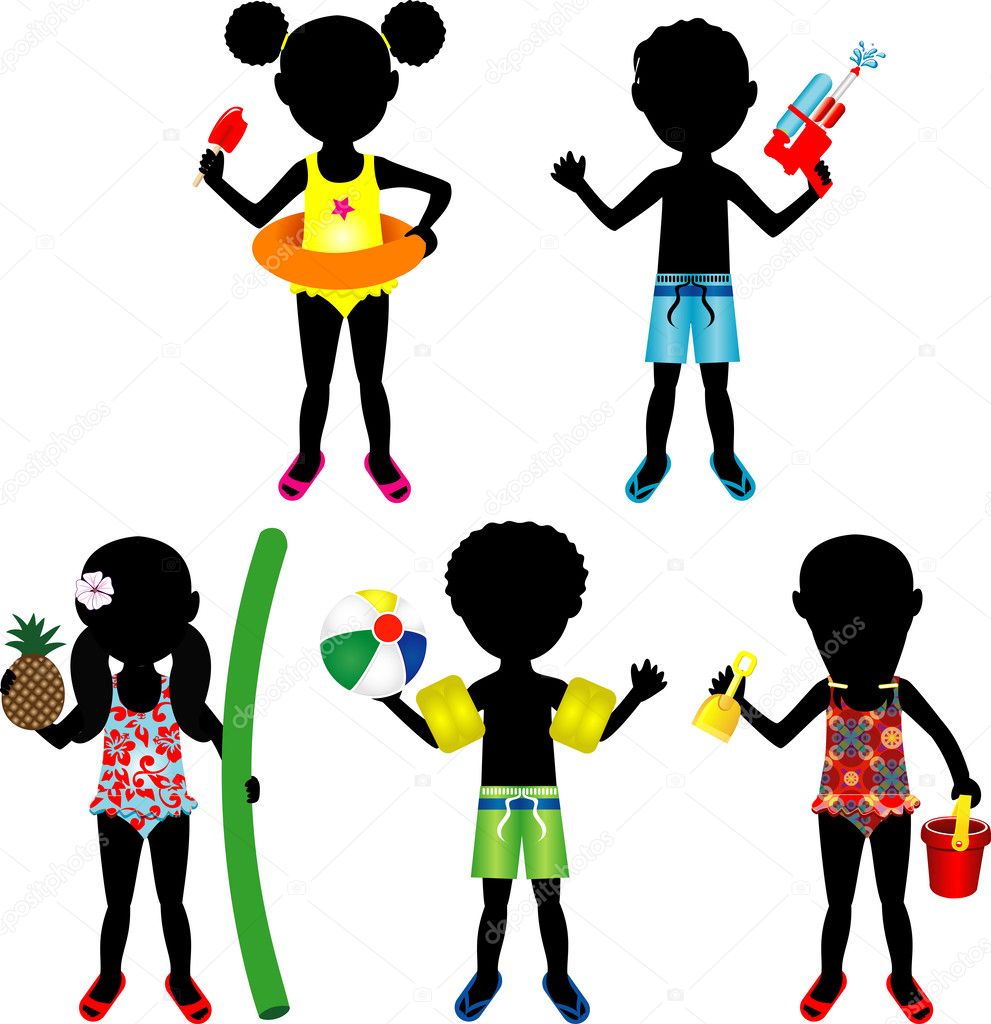 Raster version Illustration of 5 different summer kids dressed for beach or pool