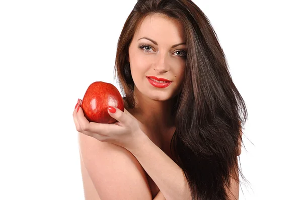 Sexy młoda kobieta z apple, na białym tle nad białym — Zdjęcie stockowe