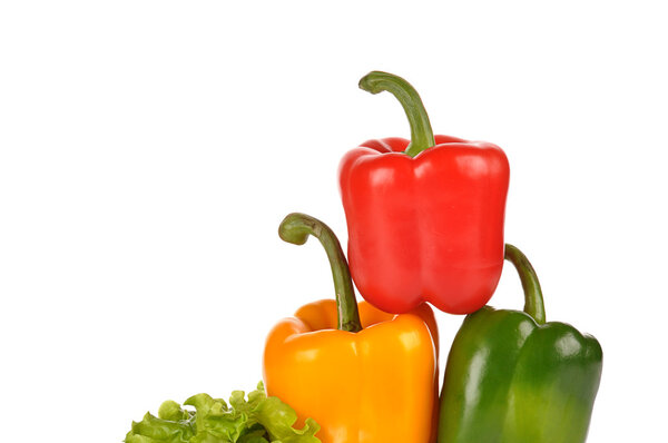 Красно-зеленый и желтый перец на листьях салата
