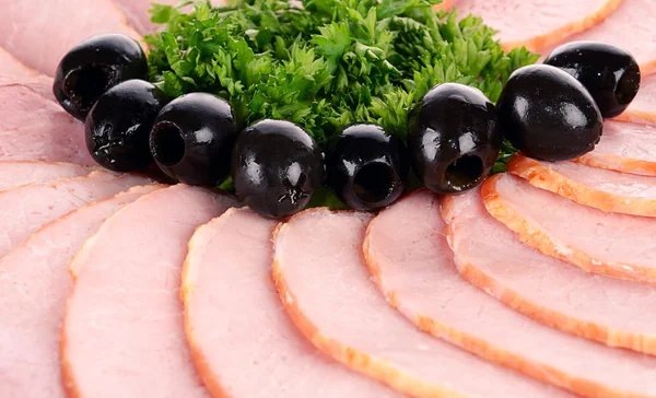 Slices of ham, black olives and parsley — Stock Photo, Image