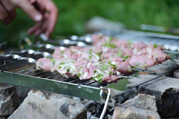 Сочные куски мяса готовятся к пожару — стоковое фото
