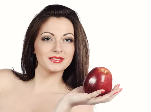 Sexy jonge vrouw met apple, geïsoleerd over Wit — Stockfoto