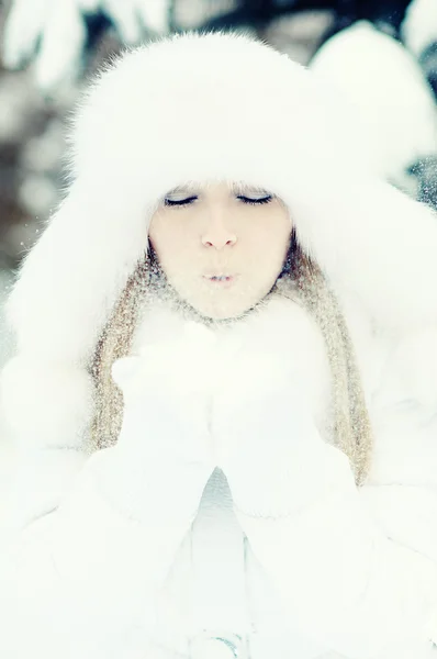冬天的美丽微笑的女人肖像 — 图库照片