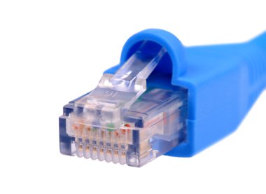 Beyaz arka plan üzerinde izole mavi utp cat6 ağ kablosu