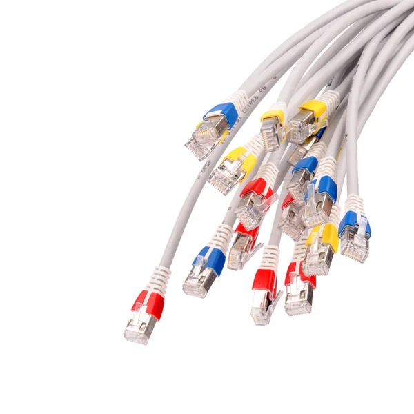 Cable de telecomunicación lan colorido RJ45 aislado en la parte posterior blanca — Foto de Stock