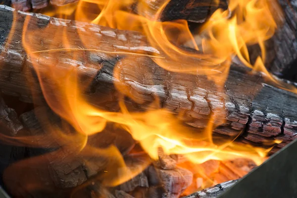 Burning wood, flame and smoke on a bonfire — Stock Photo, Image