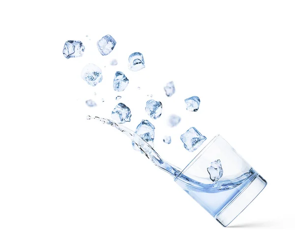 Ice Cubes Falling Cold Water Splash Clear Glass — Stock Photo, Image