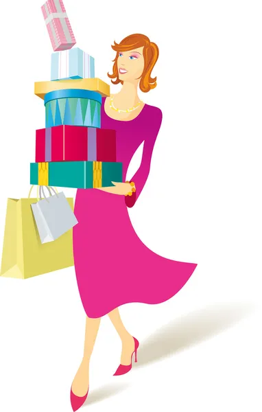 Mujer llevando una pila de regalos y bolsas — Vector de stock