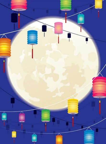 Luna llena y colgante diseño de fondo de linterna china — Vector de stock