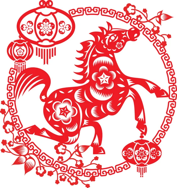 Лошадь вокруг цветущей сливы рамка с фонарями — стоковый вектор