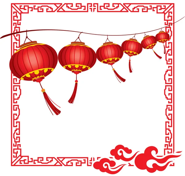 String of bright hanging Red Chinese lanterns decorations — Stock Vector