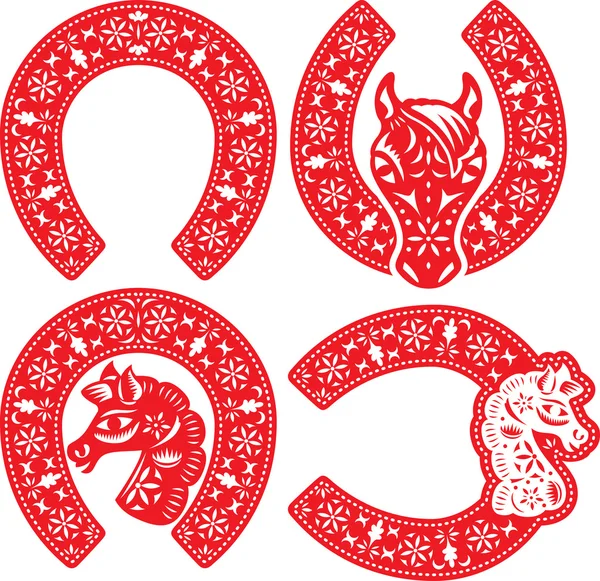 Disegni simbolo ferro di cavallo impostati in stile cinese taglio di carta per celebrare il CNY — Vettoriale Stock