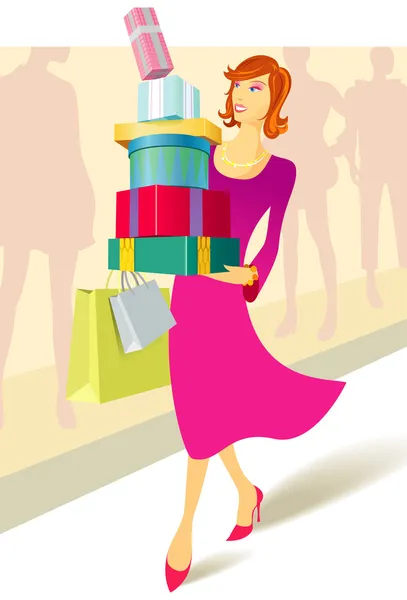 Mujer llevando una pila de regalos y bolsas — Vector de stock