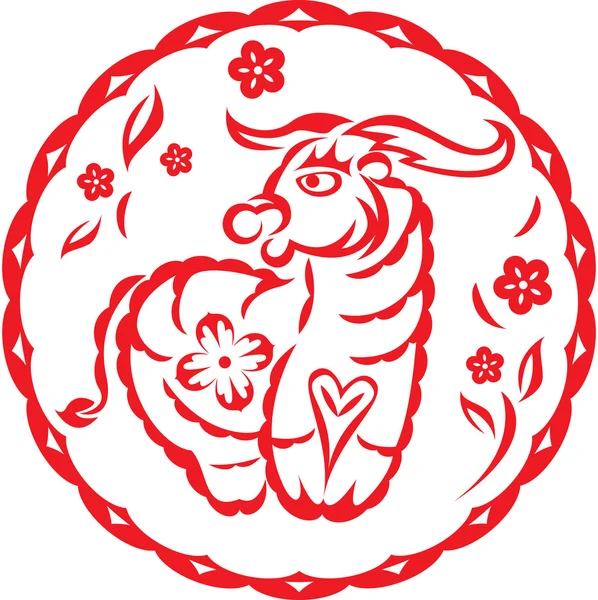 Chinesisches Jahr der Ochsenkuh, orientalischer Papierschnitt-Stil — Stockvektor