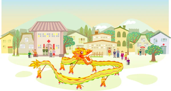 Desfile de dança do dragão quando o dia de ano novo chinês — Vetor de Stock