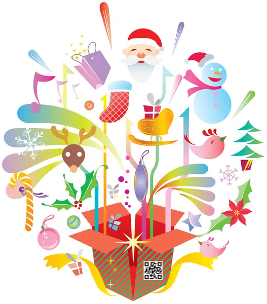 Colorful Xmas Elements bounce out of the Gift Box — Stock Vector