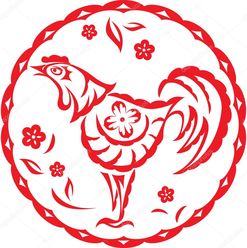 Chinese year of Rooster Chicken, oriental paper cut style