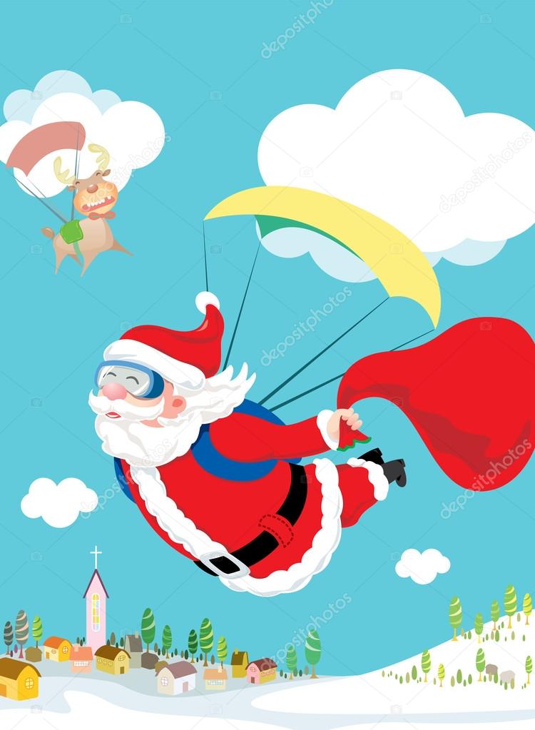 Santa Claus skydiving with his deer and gift delivery
