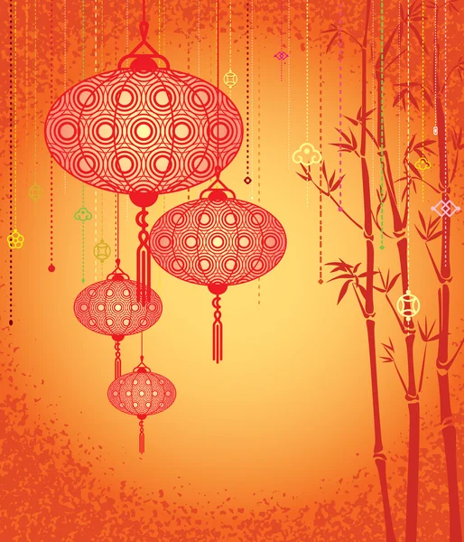 Lanternes orange et fond de bambou — Image vectorielle