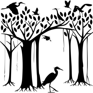Egrets and banyan tree forest in Silhouette illustration clipart