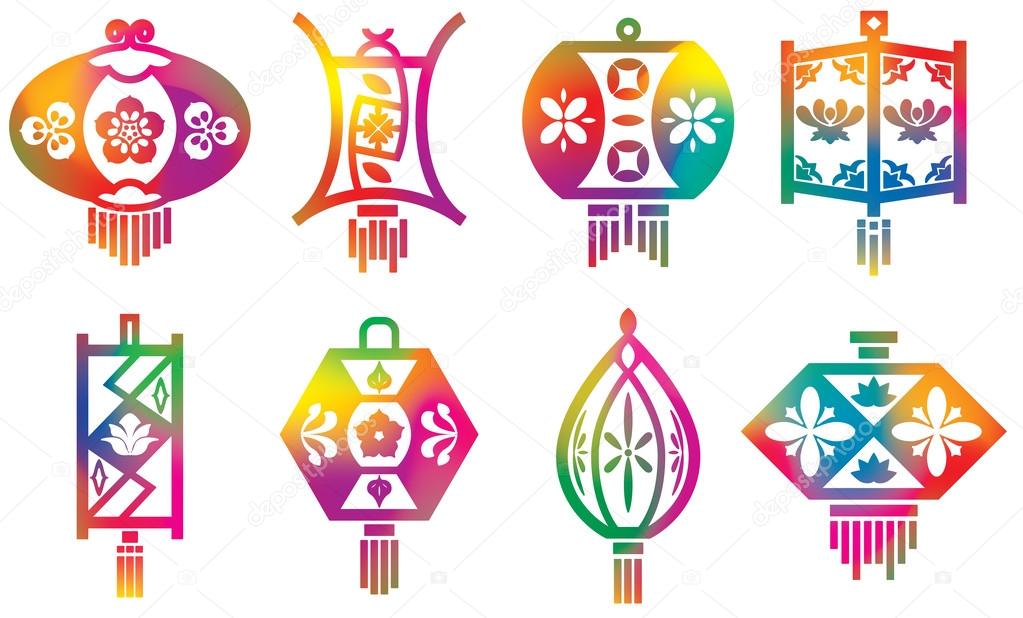 Color Chinese paper lanterns set with mesh effect