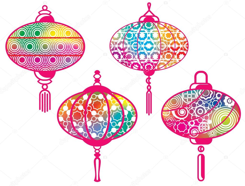 Color Chinese paper lanterns set with mesh effect