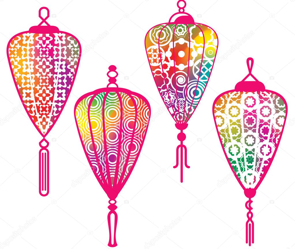 Color Chinese paper lanterns set with mesh effect