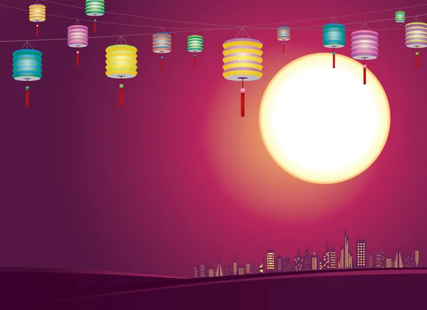 Chinês meados do outono lanternas skyline cidade - Ilustração — Vetor de Stock