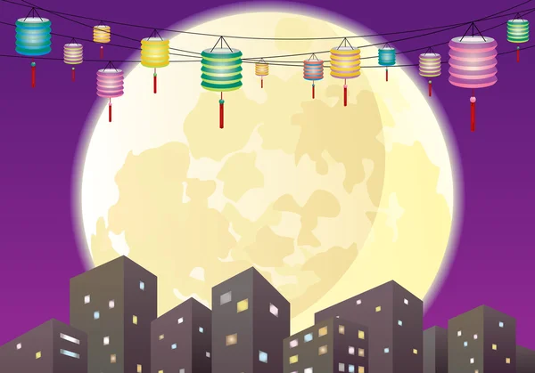 Chinês meados do outono lanternas cidade noite cena —  Vetores de Stock