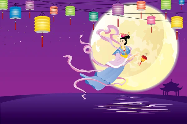 Chinesische Fee fliegt zum Mond Illustration — Stockvektor