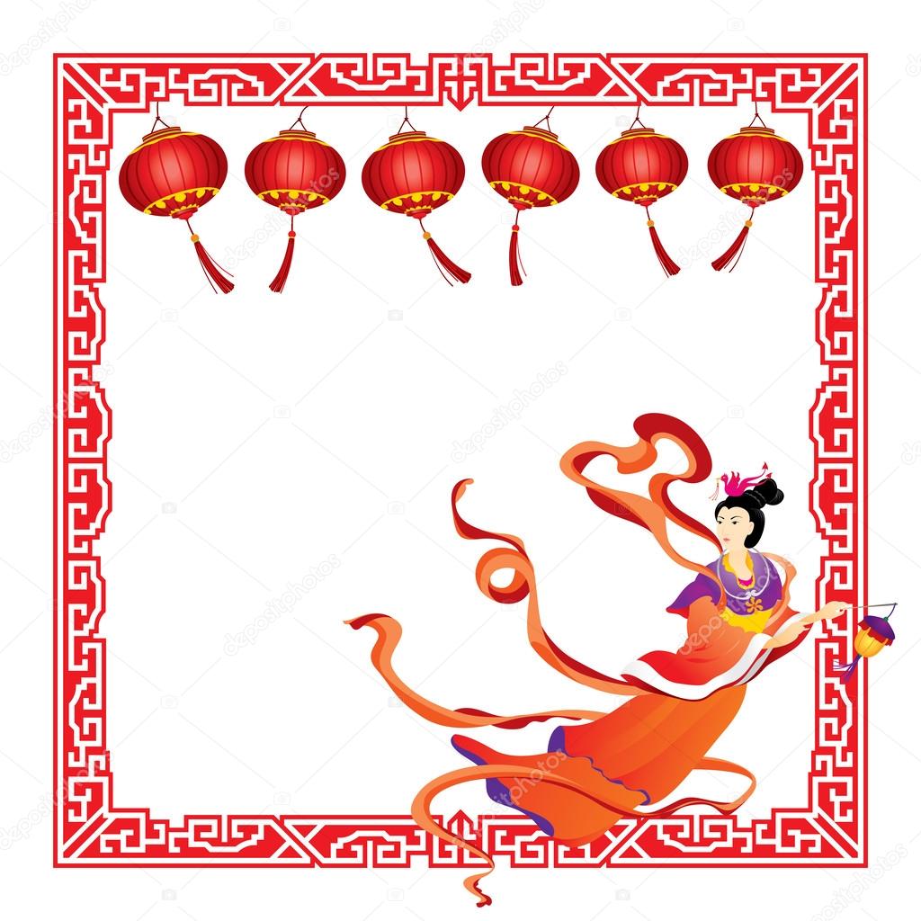 Chinese Fairy flying on paper lanterns border illustration