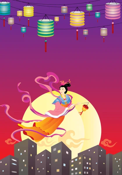 Hada china volando a la luna ilustración — Vector de stock