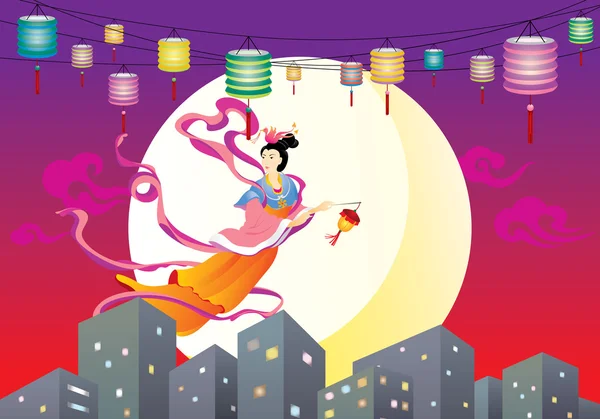 Hada china volando a la luna ilustración — Vector de stock