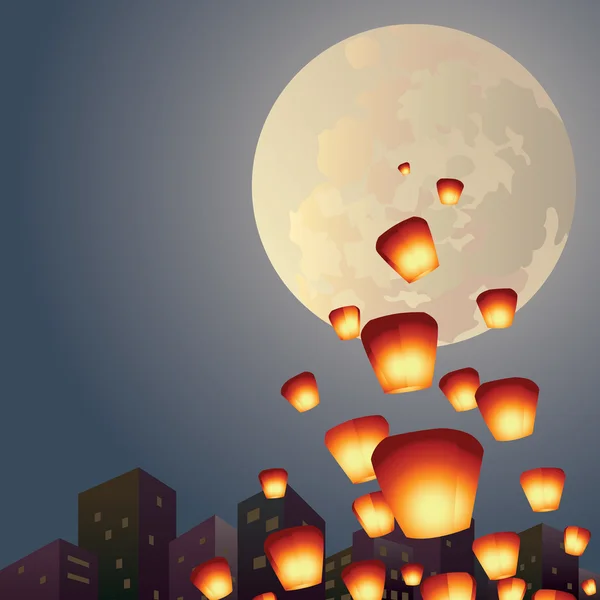 Wish lanterns fly over the full moon illustration — Stock Vector