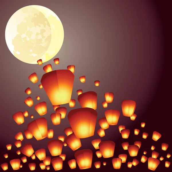 Wish lanterns fly over the full moon illustration — Stock Vector