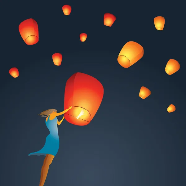 Woman start a red Chinese sky lantern to the sky — Stock Vector