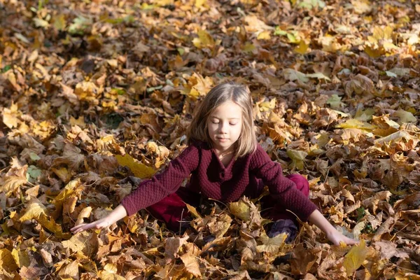 Kleines Mädchen Pullover Gelbem Laub — Stockfoto