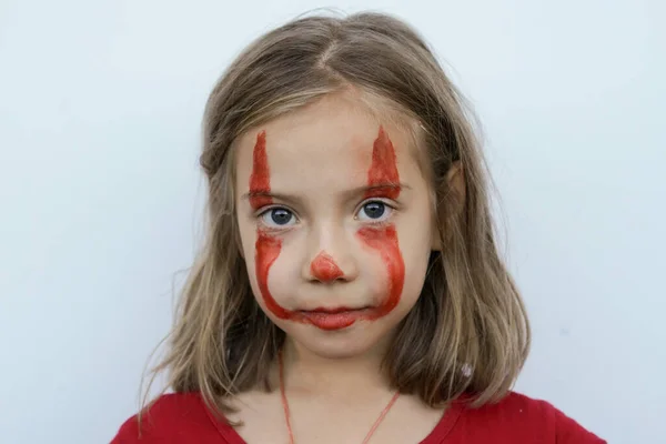 Portrait Little Girl Face Painted Red Paint — Stock Photo, Image